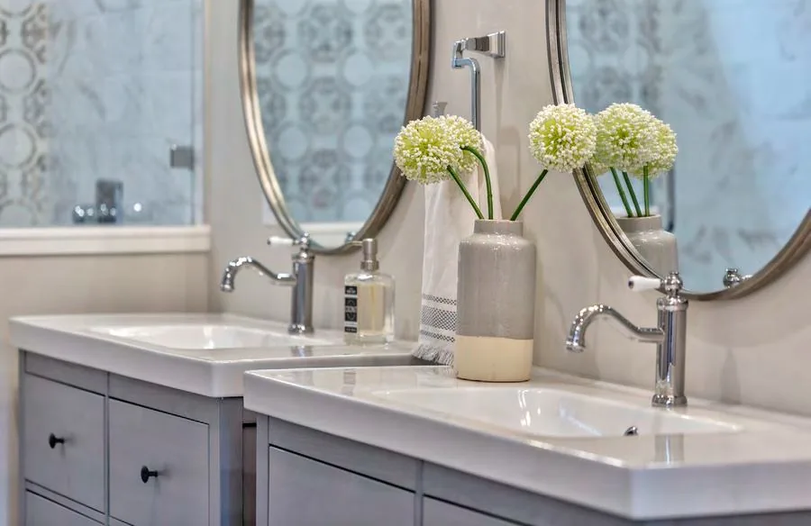 A freshly renovated bathroom with a double vanity